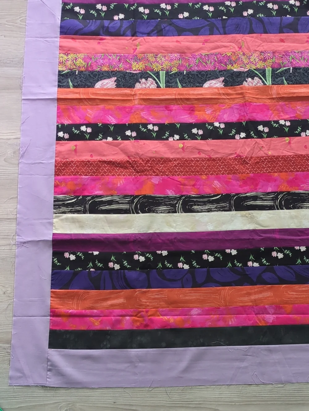 Handmade Unfinished Quilt Top UFO Modern Strip Quilt Purple Pink 49.5 x 62.5